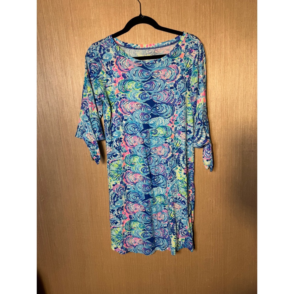 Lilly Pulitzer Pima Cotton T-Shirt Dress Blue Pink Abstract Shell Print Size S